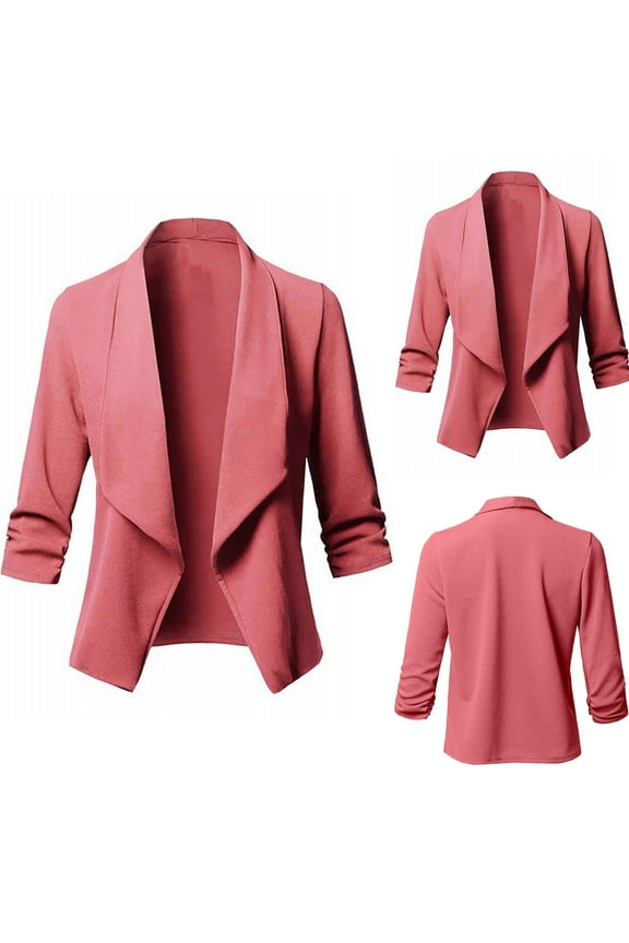 Women's Leisure Short Jacket Turndown Lapel Solid Color Blazer 3/4 Sleeve Outwear, Pink
