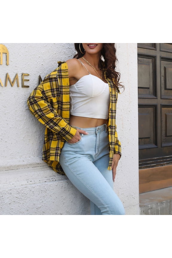 Women's Leisure Short Jacket Turndown Lapel Stripes Shacket Long Sleeve Outwear, Yellow