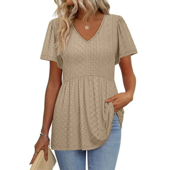 IROINNID Women's Lock Detail Round Neck Tops Short Sleeve Fashionable Casual Solid Color Spring Clothes (Khaki,)