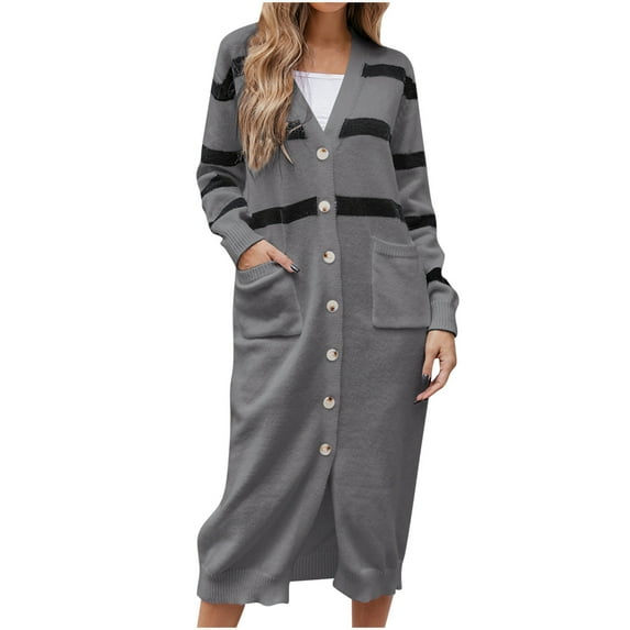 IROINNID Women's Long Cardigan Coat V-Neck Print Long Sleeve Casual Long Cardigan Coat Sweater Outerwear, Dark Gray
