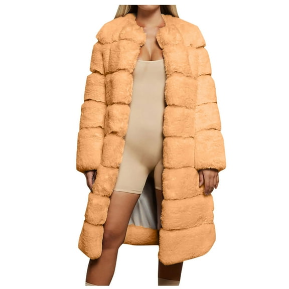 IROINNID Women's Long Shearing Coat Round Neckline Solid Color Long Sleeve Plus Size Short Coat Warm Long Jacket Outerwear, Yellow