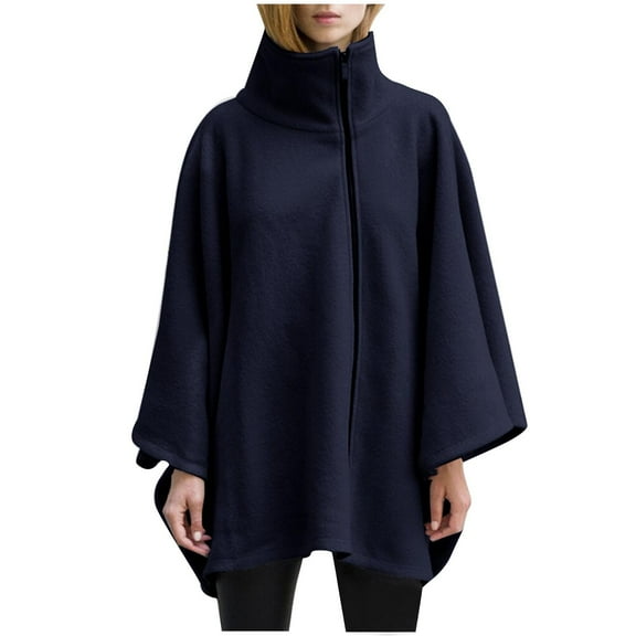 IROINNID Women's Long Sleeve Cape Jacket Coat Stand Collar Full-Length Cover-up Irregular Medium Zipper Coat Solid Cardigan Coat Cape, Blue