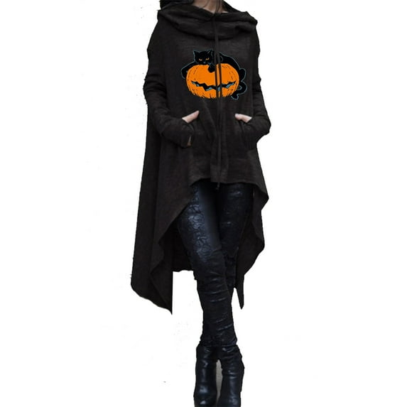 IROINNID Women's Long Sleeve Hooded Coat Thigh-Length Print Loose Halloween Pullover Tops Sweatshirt, Black