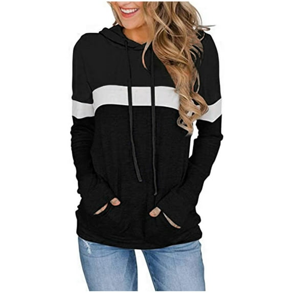 IROINNID Women's Long Sleeve Hoodie Mid-Length Color Block Casual Patchwork Sweatshirts Drawstring Tops Pullover, Black