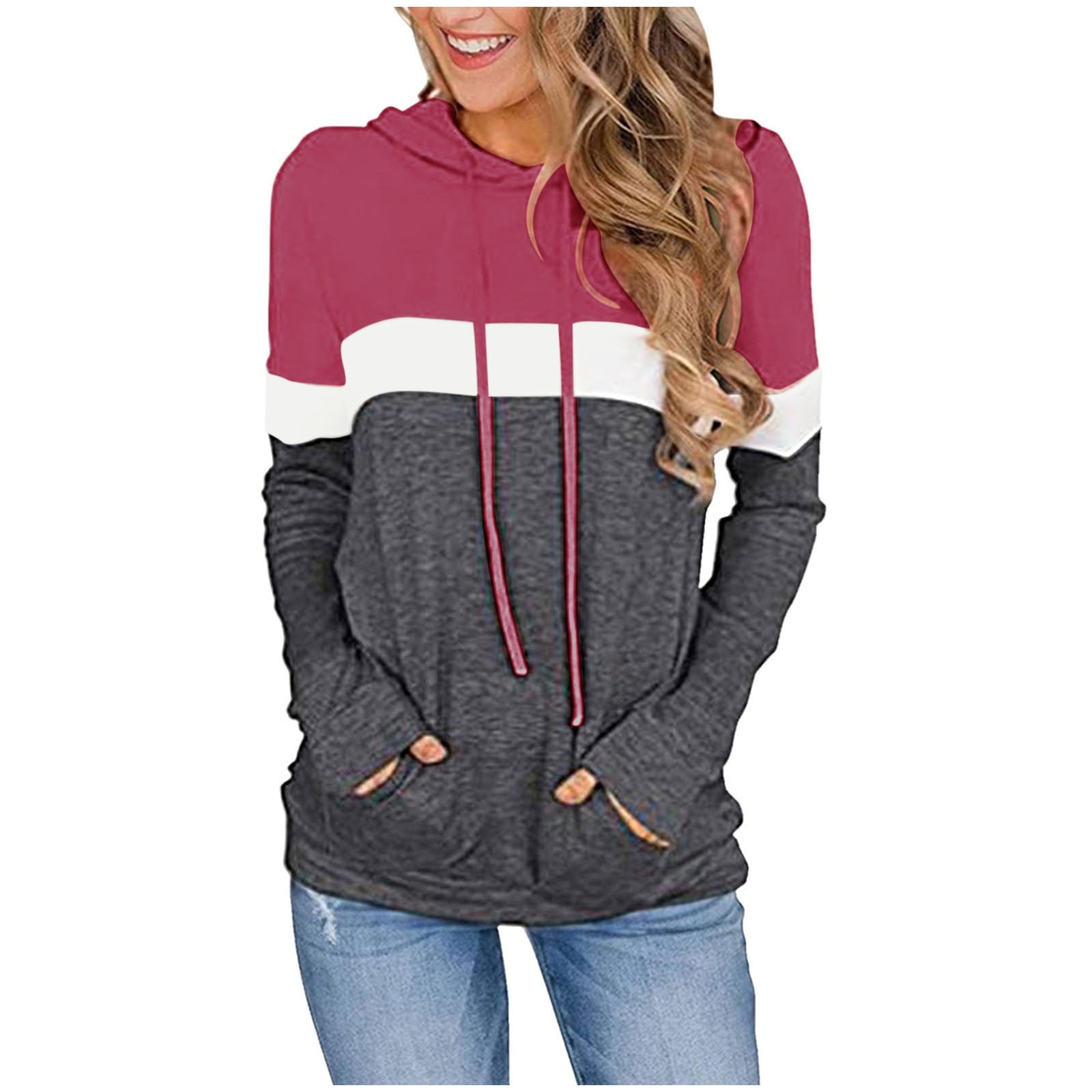 IROINNID Women's Long Sleeve Hoodie Mid-Length Color Block Casual Patchwork  Sweatshirts Drawstring Tops Pullover, Dark Gray - Walmart.com