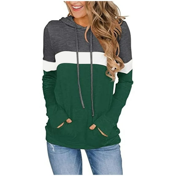 IROINNID Women's Long Sleeve Hoodie Mid-Length Color Block Casual Patchwork Sweatshirts Drawstring Tops Pullover, Gray