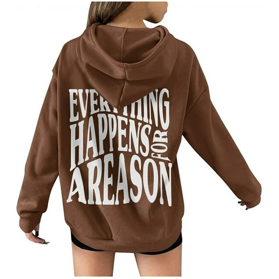 IROINNID Women's Long Sleeve Hoodie Mid-Length Graphic Prints Comfy Sweatshirts Drawstring Back Shirts Tops With Pocket, Coffee