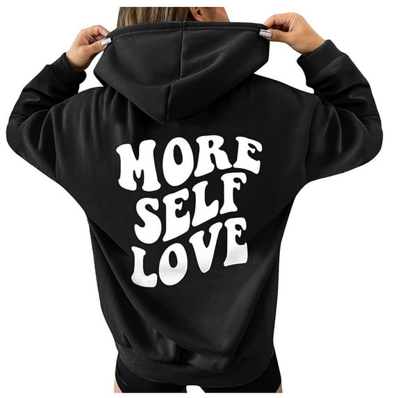 IROINNID Women's Long Sleeve Hoodie Mid-Length Graphic Prints Leisure Sweatshirts Drawstring Back Shirts Tops With Pocket, Black