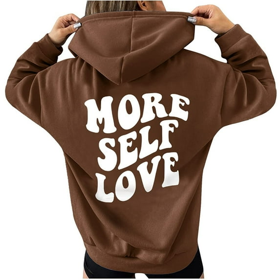 IROINNID Women's Long Sleeve Hoodie Mid-Length Graphic Prints Leisure Sweatshirts Drawstring Back Shirts Tops With Pocket, Coffee