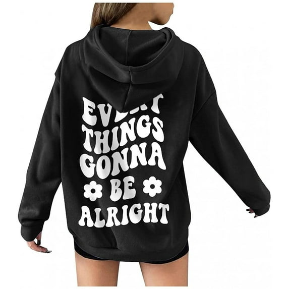 IROINNID Women's Long Sleeve Hoodie Mid-Length Graphic Prints Stylish Sweatshirts Drawstring Tops With Pocket, Black