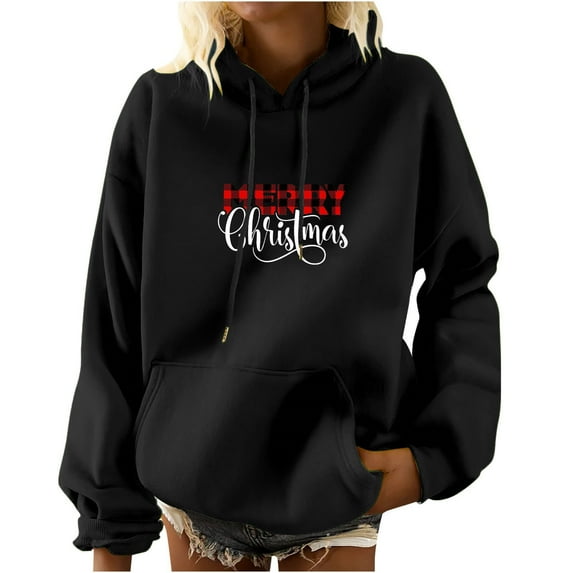 IROINNID Women's Long Sleeve Hoodie Mid-Length Letter Print Comfy Pullover Sweatshirts with Pocket, Black