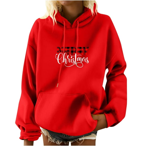 IROINNID Women's Long Sleeve Hoodie Mid-Length Letter Print Comfy Pullover Sweatshirts with Pocket, Red