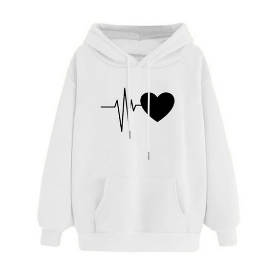 IROINNID Women's Long Sleeve Hoodie Mid-Length Print Comfy Autumn Winter Keep Warm Sweatshirt Tops, White