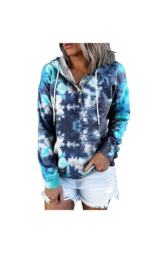 Women's Long Sleeve Hoodie Mid-Length Print Comfy Cowl Neck Sweatshirts Sweaters Drawstring Tops, Blue
