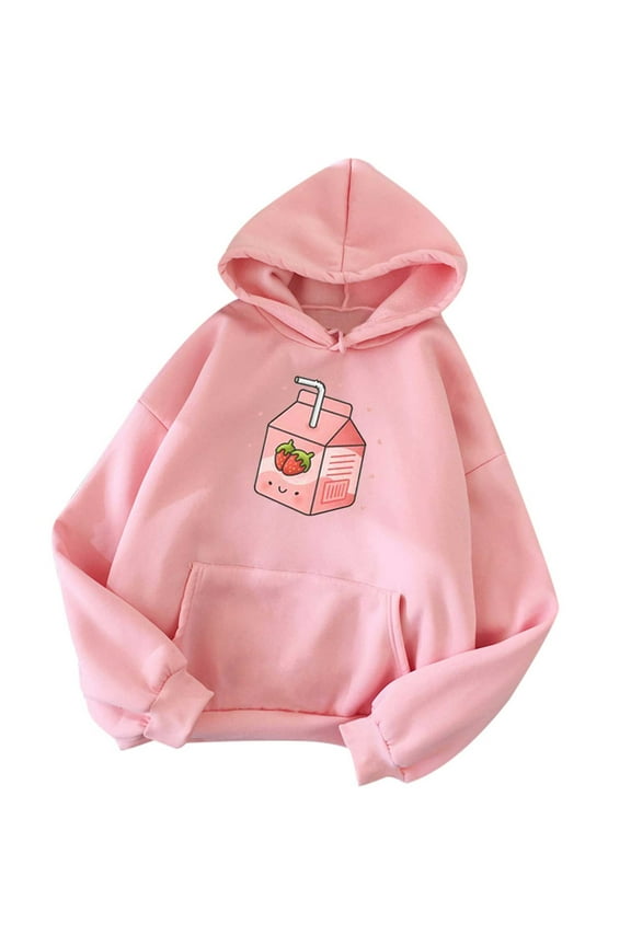 Women's Long Sleeve Hoodie Mid-Length Print Comfy Cute Strawberry Full-Sleeve Tops Pocket Sweatshirts, Pink