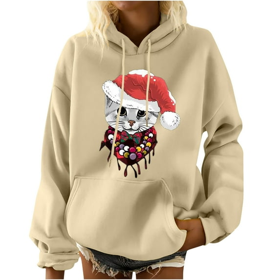 IROINNID Women's Long Sleeve Hoodie Mid-Length Print Comfy Pocket Shirt Pullover, Beige