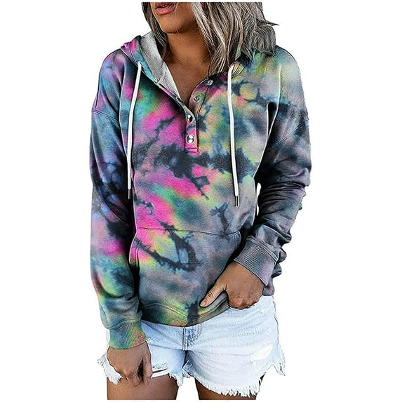 IROINNID Women's Long Sleeve Hoodie Mid-Length Print Leisure Cowl Neck Sweatshirts Sweaters Drawstring Tops, Multicolor