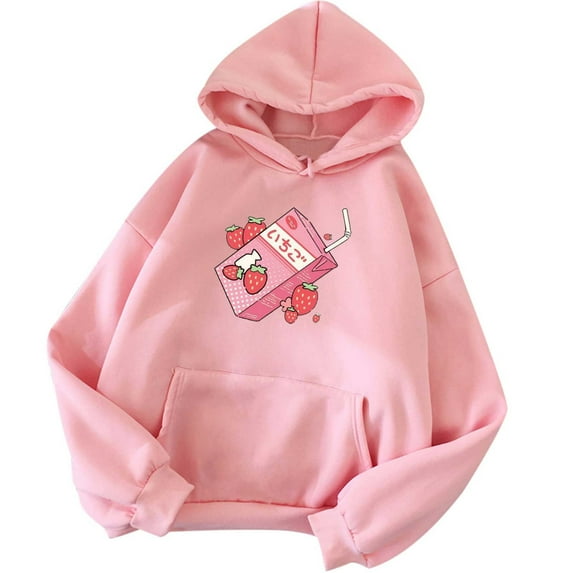 IROINNID Women's Long Sleeve Hoodie Mid-Length Print Leisure Cute Strawberry Full-Sleeve Tops Pocket Sweatshirts, Pink
