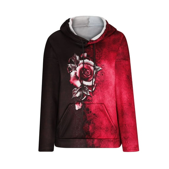 IROINNID Women's Long Sleeve Hoodie Mid-Length Print Loose Color Contrast Rose Tops Sweatshirts, Red