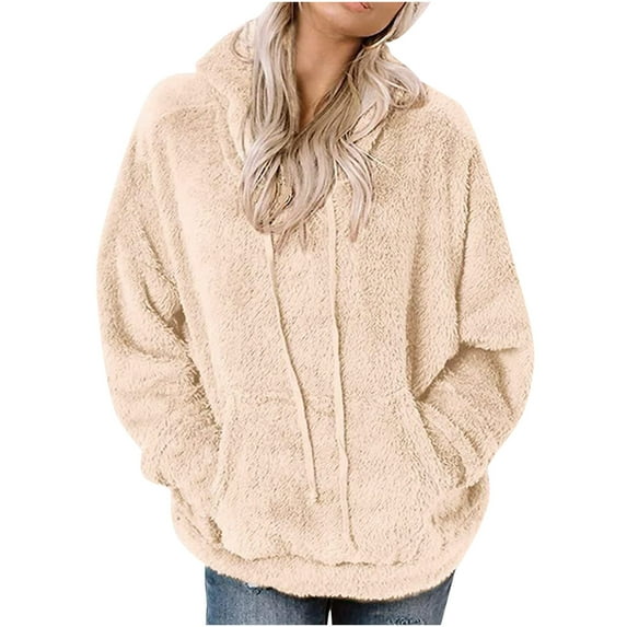 IROINNID Women's Long Sleeve Hoodie Mid-Length Solid Color Comfy New Jacket Pocket Plush Sweater, Beige