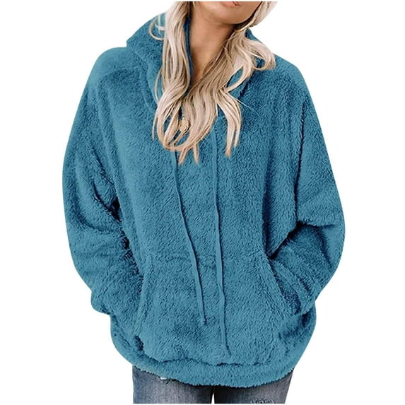 IROINNID Women's Long Sleeve Hoodie Mid-Length Solid Color Comfy New Jacket Pocket Plush Sweater, Blue
