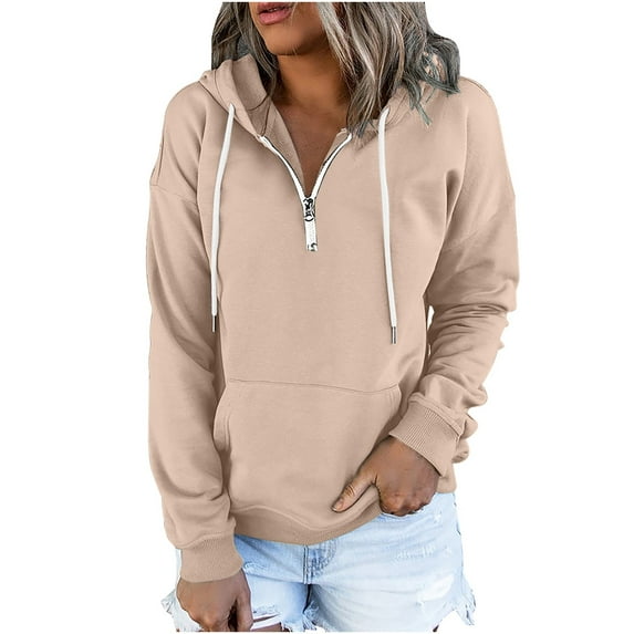 IROINNID Women's Long Sleeve Hoodie Mid-Length Solid Color Stylish Sweatshirt Pullover Tops, Khaki