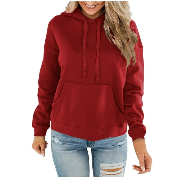 IROINNID Women's Long Sleeve Hoodie Mid-Length Solid Color Stylish Sweatshirt Pullover, Wine
