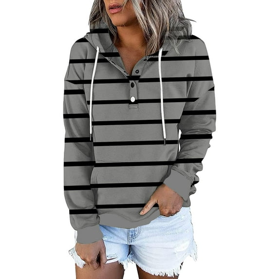 IROINNID Women's Long Sleeve Hoodie Mid-Length Stripes Casual Pocket Pullover Tops Sweatshirt Button, Gray
