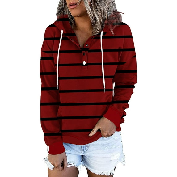 IROINNID Women's Long Sleeve Hoodie Mid-Length Stripes Casual Pocket Pullover Tops Sweatshirt Button, Wine