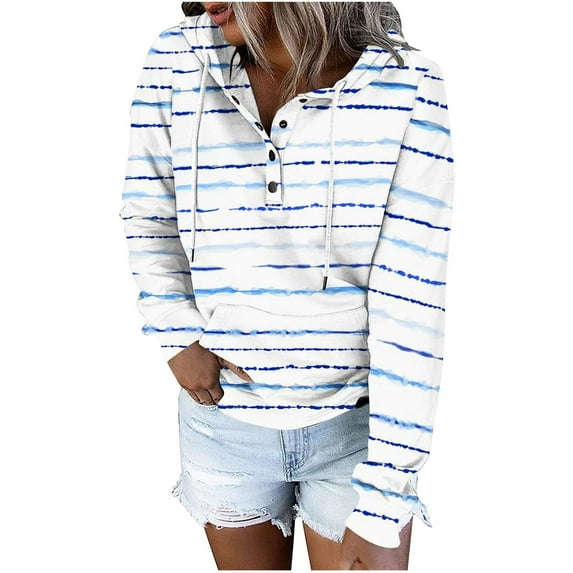 IROINNID Women's Long Sleeve Hoodie Mid-Length Stripes Stylish Pullover Tops Sweatshirt, Light Blue