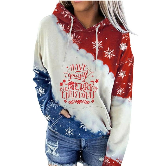 IROINNID Women's Long Sleeve Hoodie Mid-Length Stylish Christmas Print Pullover Tops Sweatshirt, Red