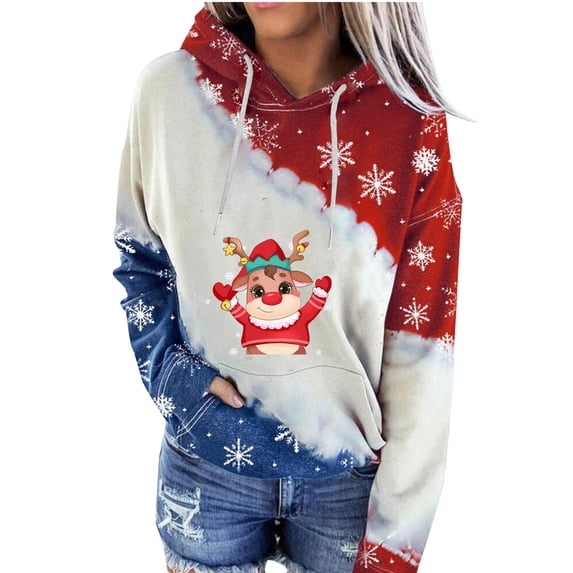 IROINNID Women's Long Sleeve Hoodie Mid-Length Stylish Christmas Print Pullover Tops Sweatshirt, White