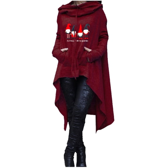 IROINNID Women's Long Sleeve Hoodie Thigh-Length Print Leisure Plus Size Medium And Long Tops Sweatshirts Pullover, Wine