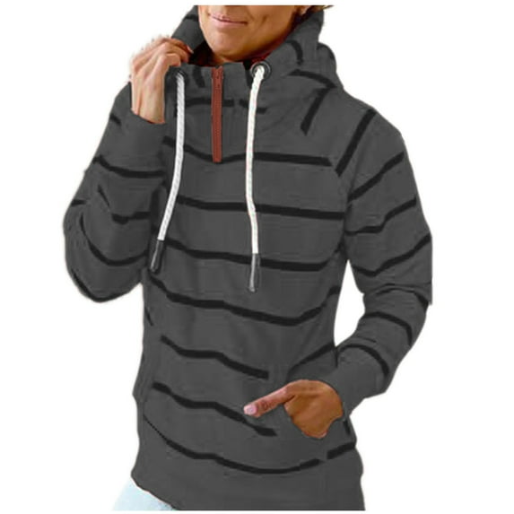 IROINNID Women's Long Sleeve Hoodie Turtleneck Mid-Length Stripes Loose Sexy Pocket Crop Workout Pullover Tops, Gray