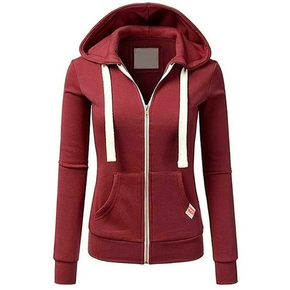 IROINNID Women's Long Sleeve Hoodie Zip Up Mid-Length Solid Color Comfy Tops Sweatshirt, Wine