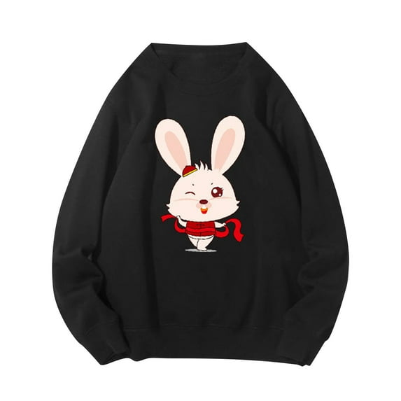 IROINNID Women's Long Sleeve Pullover Sweatshirt Round Neck Mid-Length Graphic Prints Casual Cute New Year Rabbit Top, Black