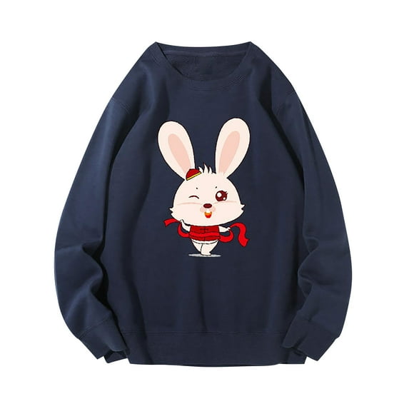 IROINNID Women's Long Sleeve Pullover Sweatshirt Round Neck Mid-Length Graphic Prints Casual Cute New Year Rabbit Top, Dark Blue