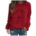 thumbnail image 1 of IROINNID Women's Long Sleeve Pullover Sweatshirt Round Neck Mid-Length Print Casual Autumn And Winter Cat Sweater, Red, 1 of 4