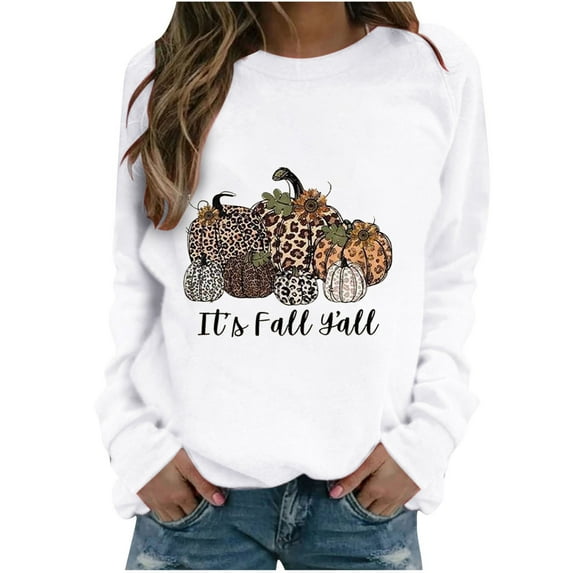 IROINNID Women's Long Sleeve Pullover Sweatshirt Round Neck Mid-Length Print Casual Thanksgiving Ladies Sweatshirts Tops, White