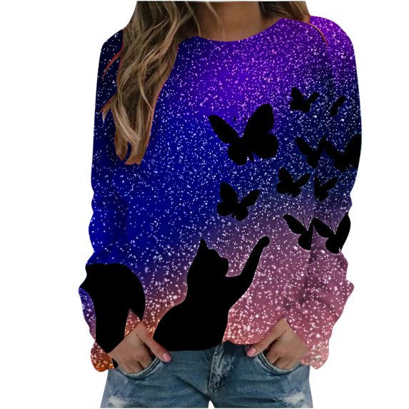 IROINNID Women's Long Sleeve Pullover Sweatshirt Round Neck Mid-Length Print Comfy Autumn And Winter Cute Cat Sweater, Pink