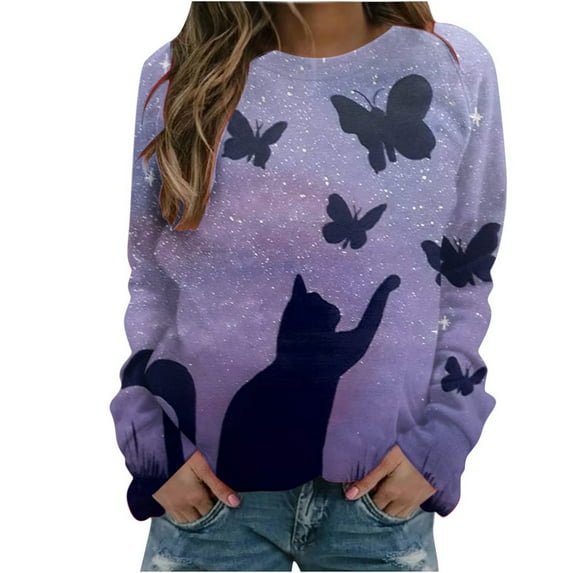 IROINNID Women's Long Sleeve Pullover Sweatshirt Round Neck Mid-Length Print Leisure Autumn And Winter Cat Sweater, Purple