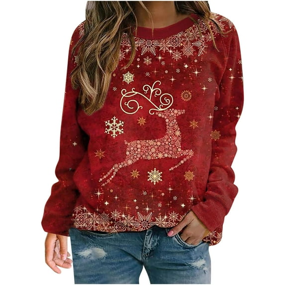 IROINNID Women's Long Sleeve Pullover Sweatshirt Round Neck Mid-Length Print Loose Autumn And Winter Cat Sweater, Red