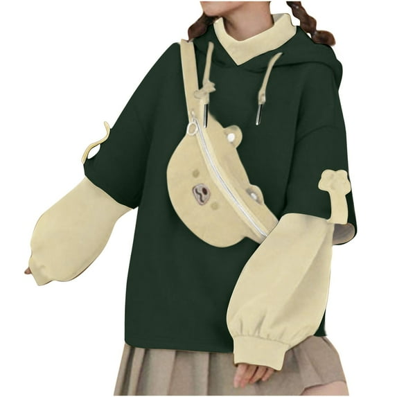 IROINNID Women's Long Sleeve Sweatshirt Mid-Length Color Block Leisure Autumn Winter Sweatshirt with Personality Messenger Bag 2PC, Green