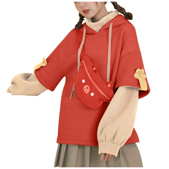 IROINNID Women's Long Sleeve Sweatshirt Mid-Length Color Block Loose Autumn Winter Sweatshirt with Trendy Messenger Bag 2PC, Red