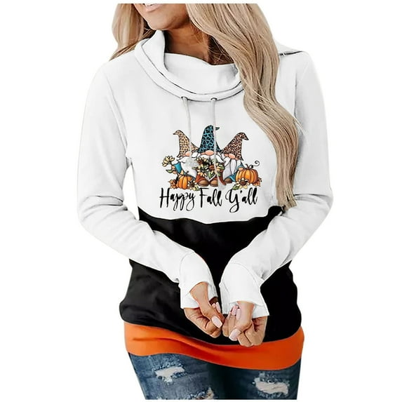 IROINNID Women's Long Sleeve Sweatshirt Mid-Length Print Comfy Halloween Pullover Pile Collar Tops Sweatshirt, White