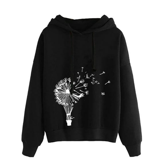 IROINNID Women's Long Sleeve Sweatshirt Mid-Length Print Stylish Sweatshirt Tops Drawstring Lightweight Tops, Black
