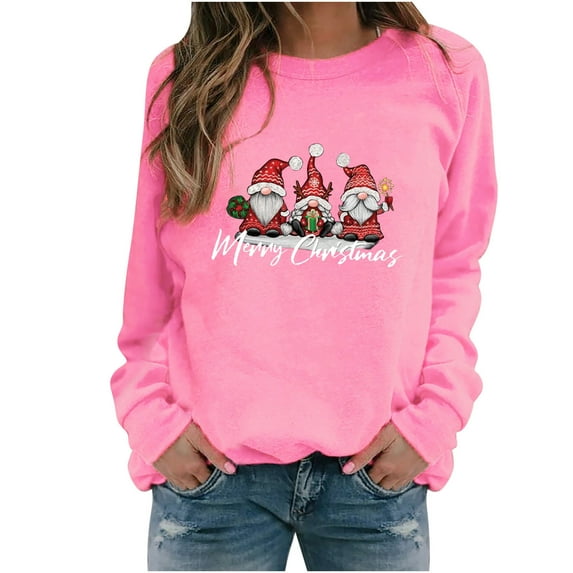 IROINNID Women's Long Sleeve Sweatshirt Round Neck Mid-Length Casual Christmas Print Sweater, Hot Pink