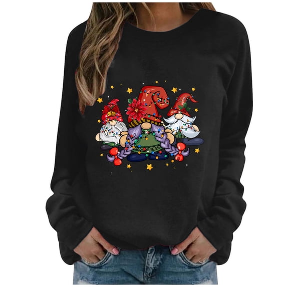 IROINNID Women's Long Sleeve Sweatshirt Round Neck Mid-Length Comfy Christmas Print Autumn Tops Regular Pullover Sweatshirts, Black