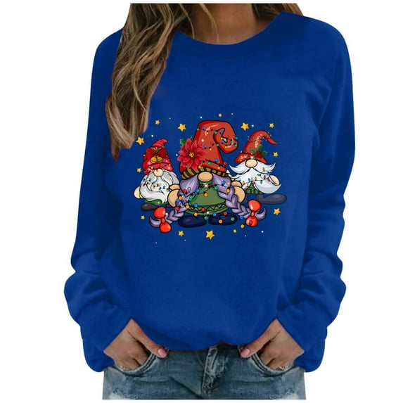 IROINNID Women's Long Sleeve Sweatshirt Round Neck Mid-Length Comfy Christmas Print Autumn Tops Regular Pullover Sweatshirts, Blue