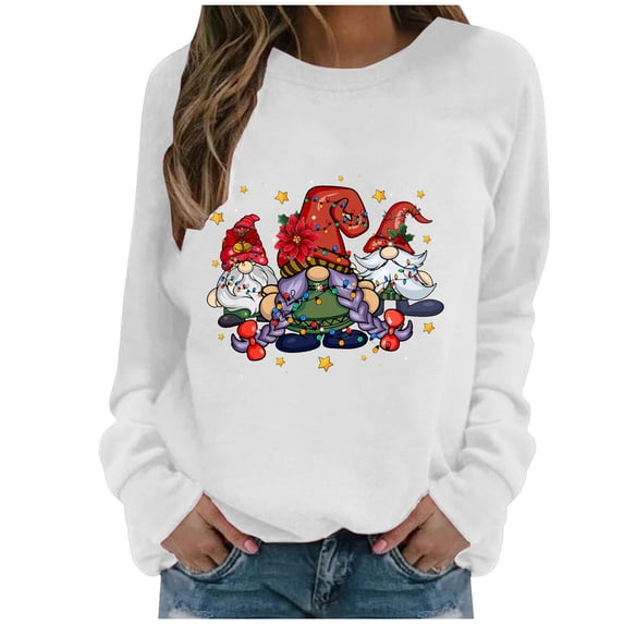 IROINNID Women's Long Sleeve Sweatshirt Round Neck Mid-Length Comfy Christmas Print Autumn Tops Regular Pullover Sweatshirts, White